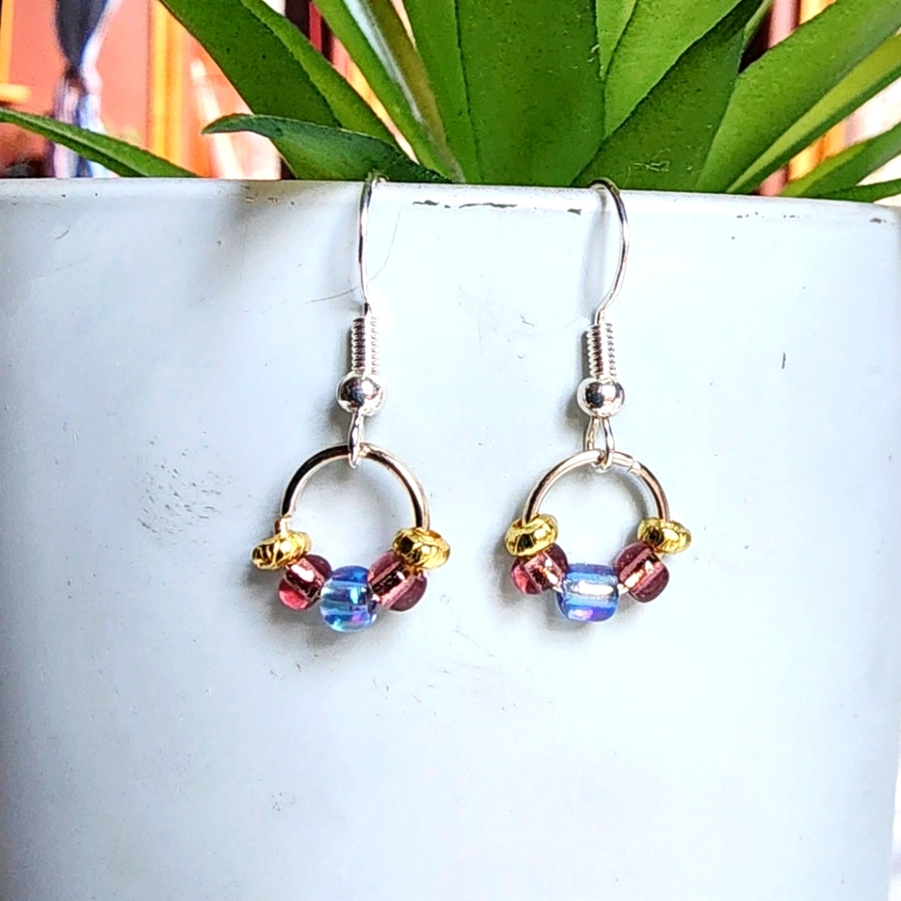 Burgundy & Lavender Silver & Gold Mini Hoop Dangle Earrings